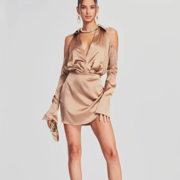 NWT SER.O.YA Shea Off The Shoulder Natural Long Sleeve Silk Dress - Picture 1 of 7